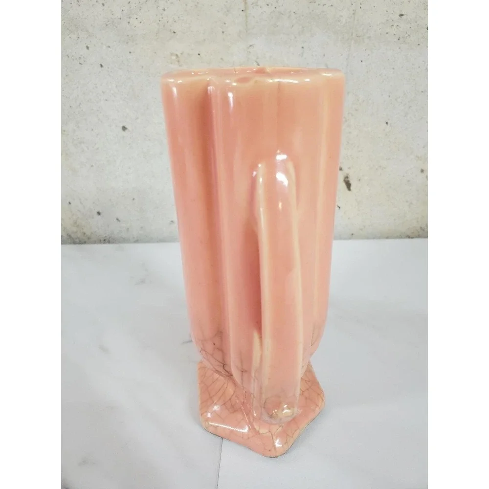 McCoy Pottery Vase, Shape 105, Coral Pink Crackle Crazing Art Deco Mcm Mid Centu